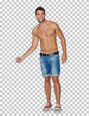 Buy stock photo Isolated man, shirtless portrait and muscle with smile, fashion and wellness by transparent png background. Happy guy, student or model with healthy body, style and confidence for summer aesthetic