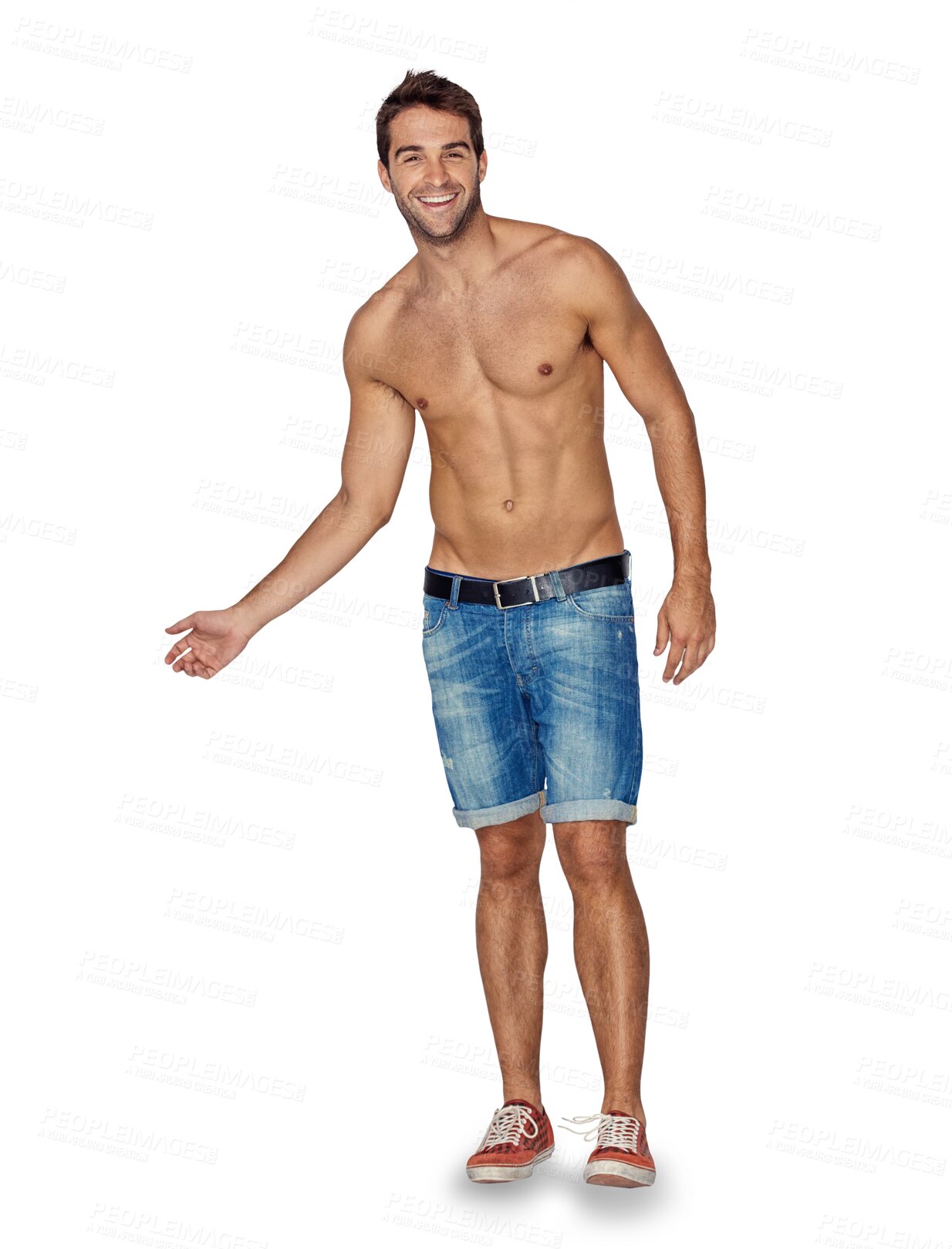 Buy stock photo Isolated man, shirtless portrait and muscle with smile, fashion and wellness by transparent png background. Happy guy, student or model with healthy body, style and confidence for summer aesthetic