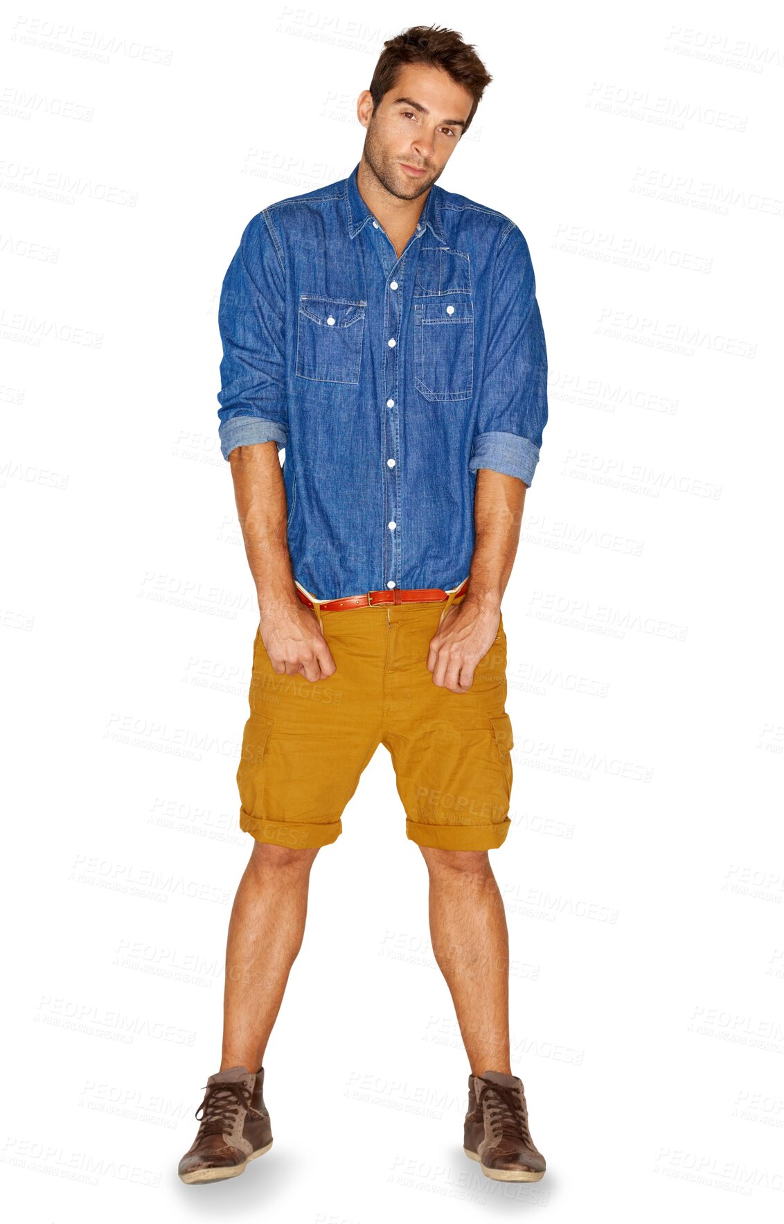 Buy stock photo Portrait, fashion and denim with a hipster man isolated on a transparent background for trendy style. Clothes, confident and cool with a handsome young male model standing hands in pockets on PNG