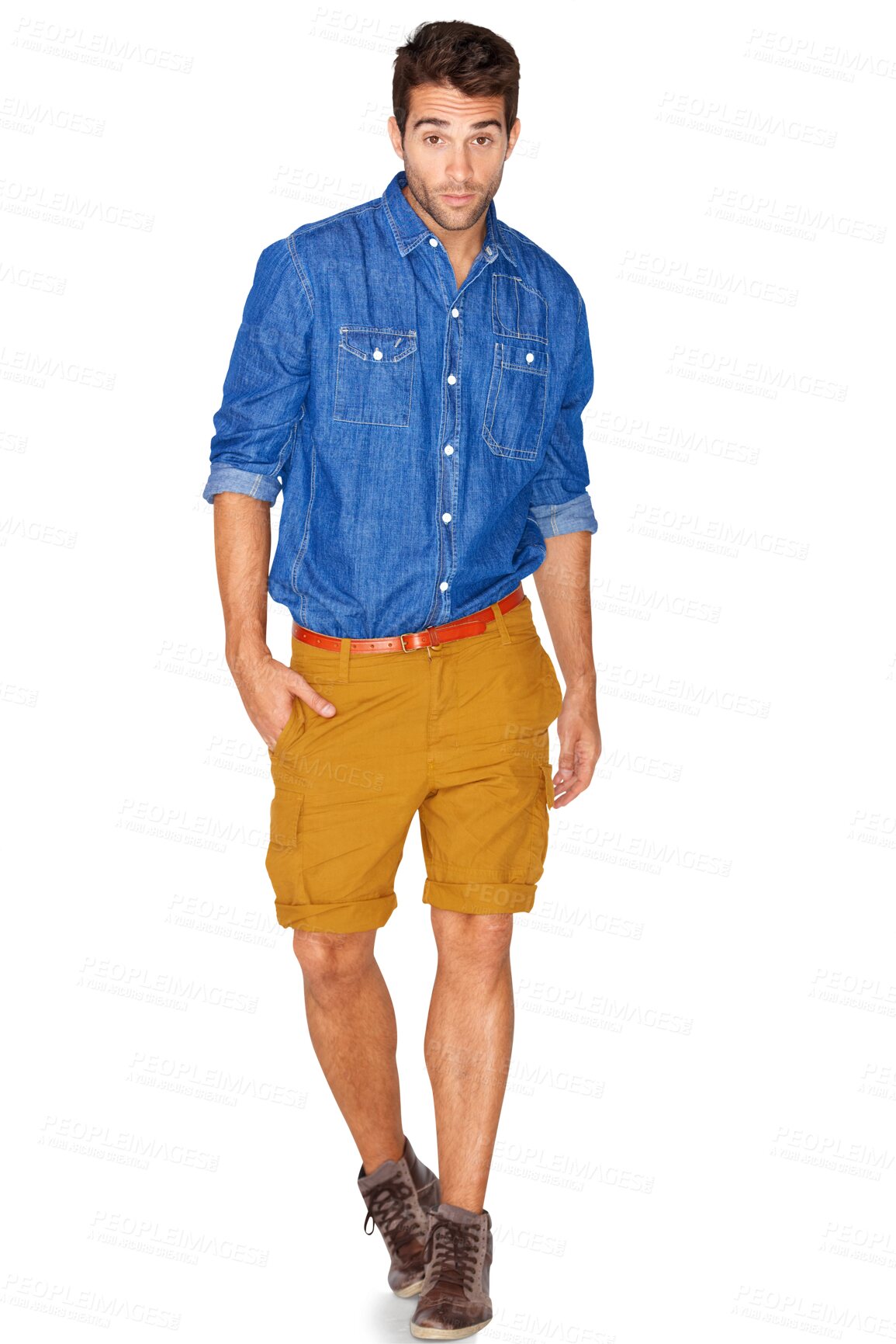 Buy stock photo Portrait, fashion and walking with a hipster man isolated on a transparent background for trendy style. Clothes, confident and denim with a young male model standing hands in pockets on PNG alone