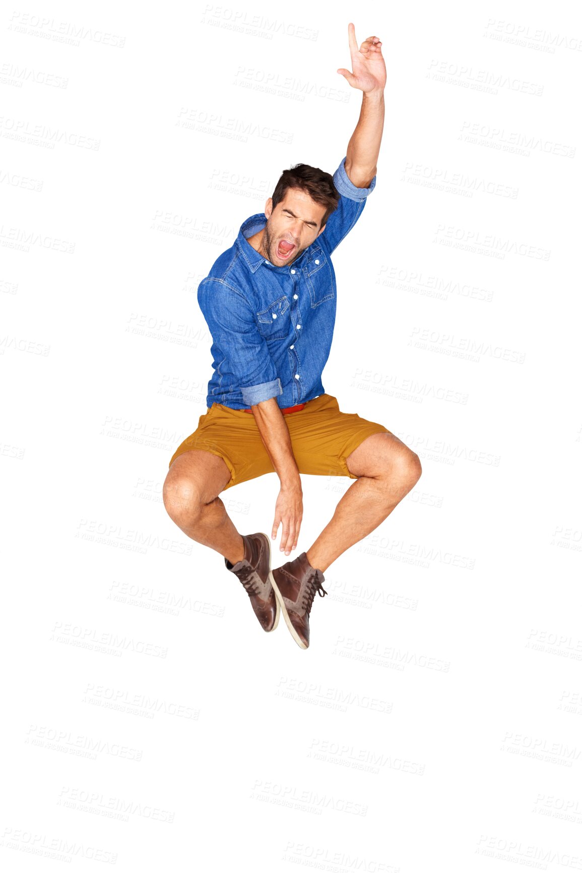 Buy stock photo Shout, jump and young man in a casual, trendy and stylish outfit with winning success and energy. Excited, celebrate and handsome male model with cool fashion isolated by transparent png background.