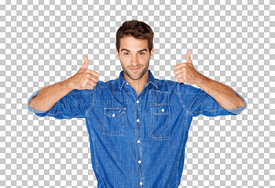 Buy stock photo Fashion, denim and thumbs up with a hipster man isolated on a transparent background to like or say yes. Motivation, support and thank you emoji with a handsome young male model standing on PNG