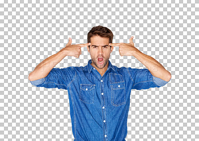 Buy stock photo Isolated man, finger gun and anxiety in portrait, shout and angry by transparent png background. Young student guy, scream or depression for shooting icon, emoji and hand for stress, tired or fatigue