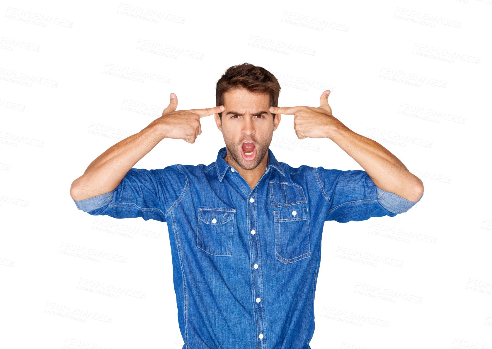 Buy stock photo Isolated man, finger gun and anxiety in portrait, shout and angry by transparent png background. Young student guy, scream or depression for shooting icon, emoji and hand for stress, tired or fatigue