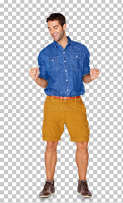 Buy stock photo Fashion, dancing and happy man or model celebrate casual style isolated on a transparent, png background. Excited male person with trendy or stylish clothes for motivation, success and fun energy 