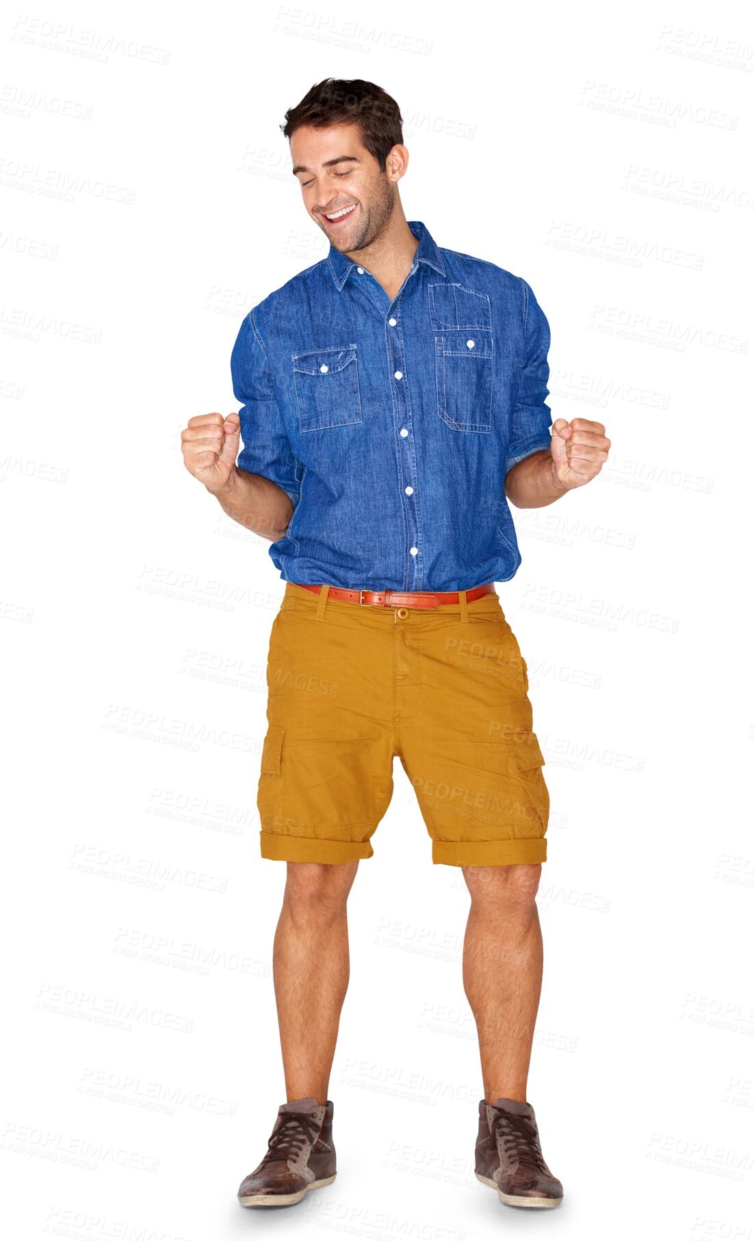 Buy stock photo Fashion, dancing and happy man or model celebrate casual style isolated on a transparent, png background. Excited male person with trendy or stylish clothes for motivation, success and fun energy 