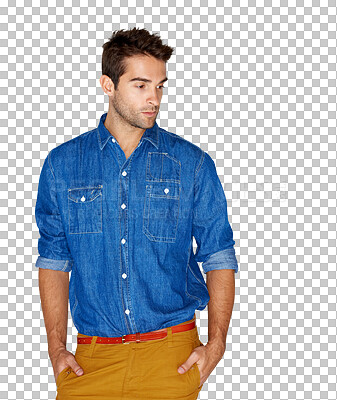 Buy stock photo Fashion, thinking and casual style of a man or model isolated on a transparent, png background. Handsome young male person with a trendy clothes or stylish outfit while serious with hands in pocket