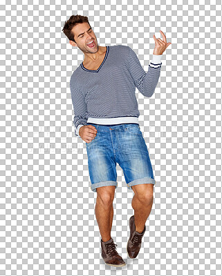 Buy stock photo Fashion, fun and air guitar with a man joking isolated on a transparent background for playful music. Rock, musician and fantasy with a young male comic playing an instrument for entertainment on PNG