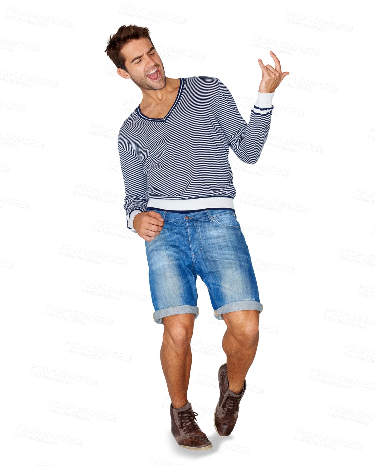 Buy stock photo Fashion, fun and air guitar with a man joking isolated on a transparent background for playful music. Rock, musician and fantasy with a young male comic playing an instrument for entertainment on PNG