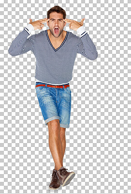 Buy stock photo Isolated man, finger gun and depression in portrait, scream or angry by transparent png background. Young student guy, shout or anxiety for shooting icon, emoji or sign for stress, tired or fatigue