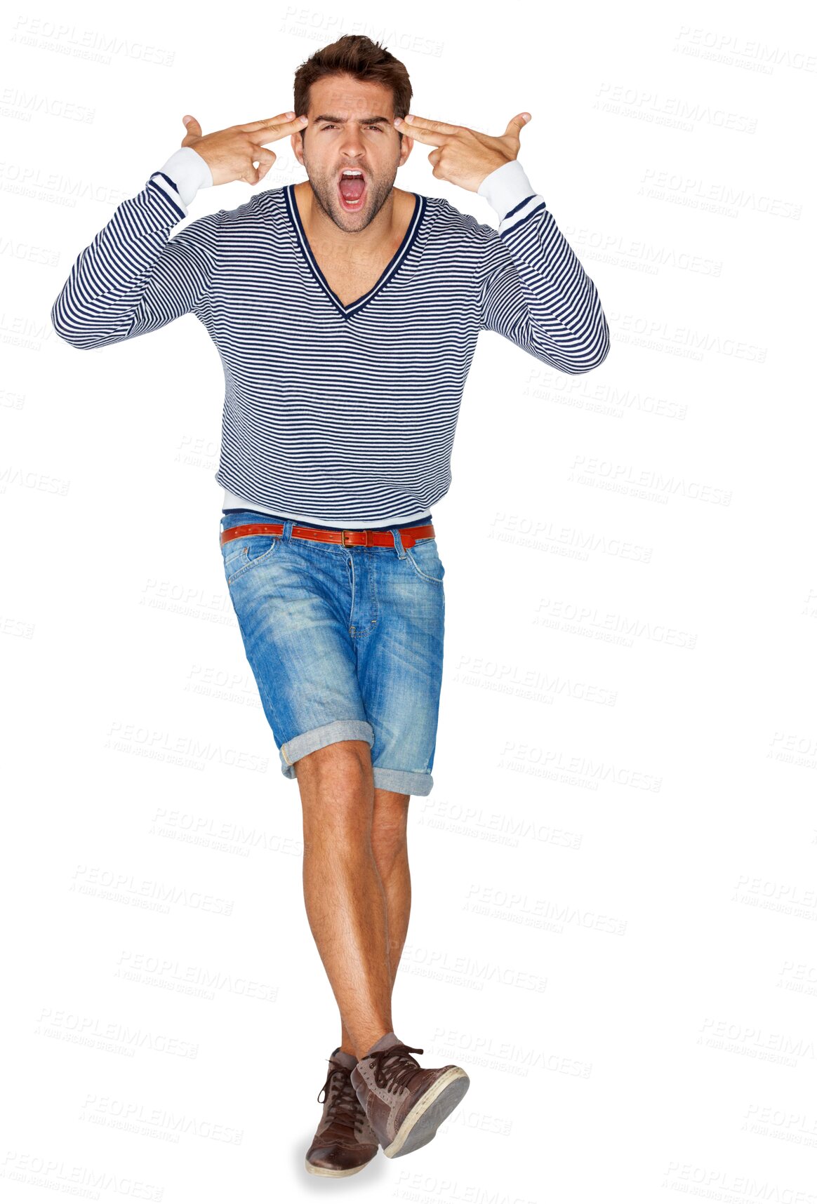 Buy stock photo Isolated man, finger gun and depression in portrait, scream or angry by transparent png background. Young student guy, shout or anxiety for shooting icon, emoji or sign for stress, tired or fatigue