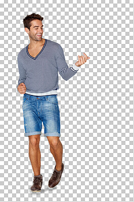 Buy stock photo Fashion, smile and air guitar with a man musician isolated on a transparent background for comedy or humor. Music, entertainment and fun with a happy young male person playing an instrument on PNG