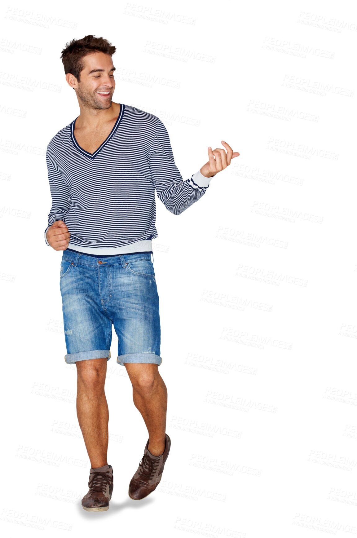 Buy stock photo Fashion, smile and air guitar with a man musician isolated on a transparent background for comedy or humor. Music, entertainment and fun with a happy young male person playing an instrument on PNG