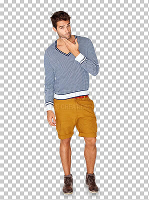 Buy stock photo Portrait, fashion and cool with a hipster man isolated on a transparent background for trendy clothing style. Clothes. outfit or shorts with a handsome and confident young male model standing on PNG