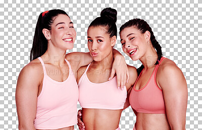 Buy stock photo Portrait, sports and women with fitness, exercise and happiness isolated on a transparent background. Group of female people or girl athletes with health, training or workout with png or teamwork