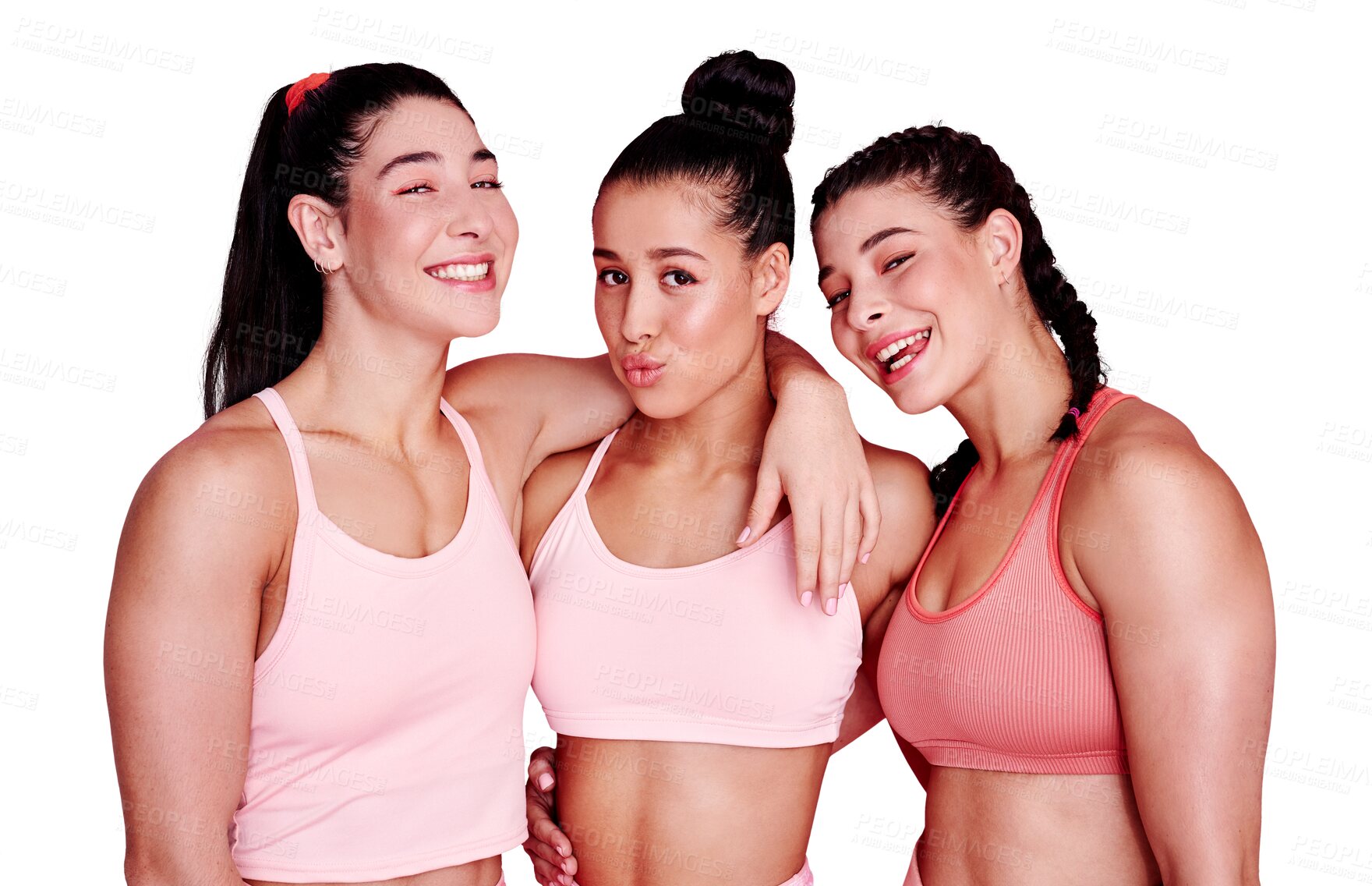 Buy stock photo Portrait, sports and women with fitness, exercise and happiness isolated on a transparent background. Group of female people or girl athletes with health, training or workout with png or teamwork