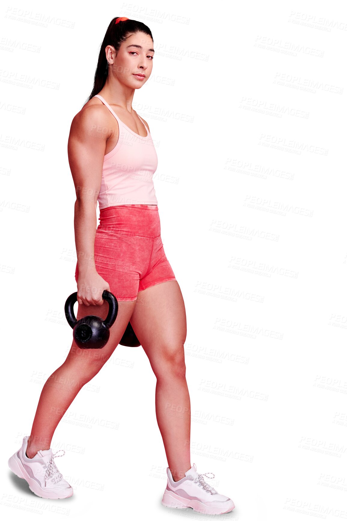 Buy stock photo Fitness portrait, kettlebell or woman in training, workout or exercise isolated on transparent png background. Body builder, healthy or strong girl athlete with balance or power lifting heavy weights