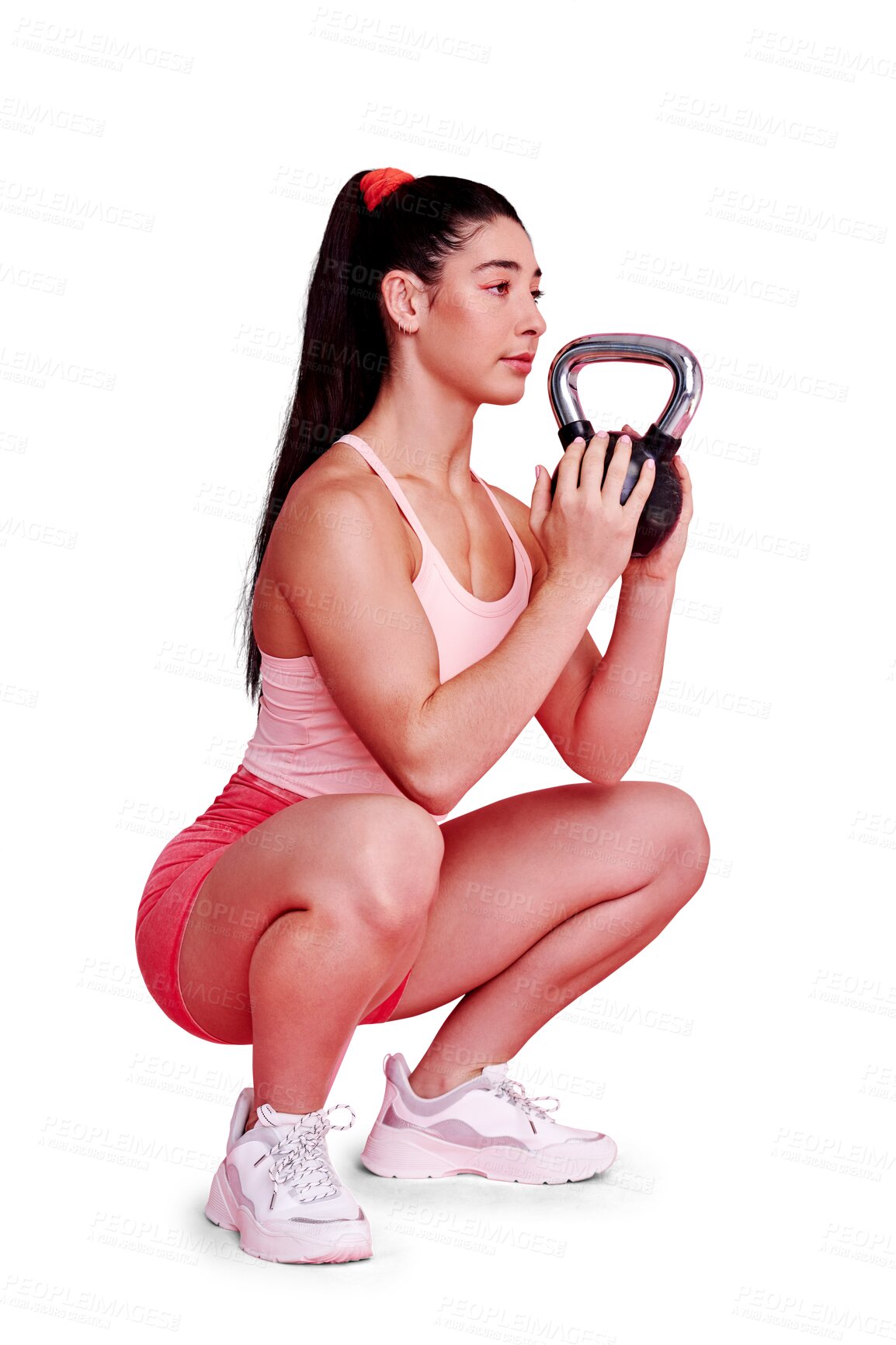 Buy stock photo Fitness, kettlebell squat or woman in training, workout or exercise isolated on transparent png background. Body builder, healthy or strong sports athlete with balance or power lifting heavy weights