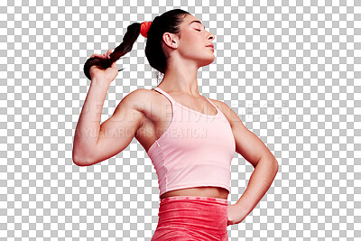 Buy stock photo Fitness, strong and ponytail with a sports woman isolated on a transparent background for health or wellness. Exercise, body and muscle with a young female athlete standing on PNG for training