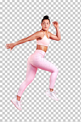 Buy stock photo Sports, energy and fitness with woman and running on png for workout, health and challenge. Training, exercise and wellness with person isolated on transparent background for healthy bodybuilder 