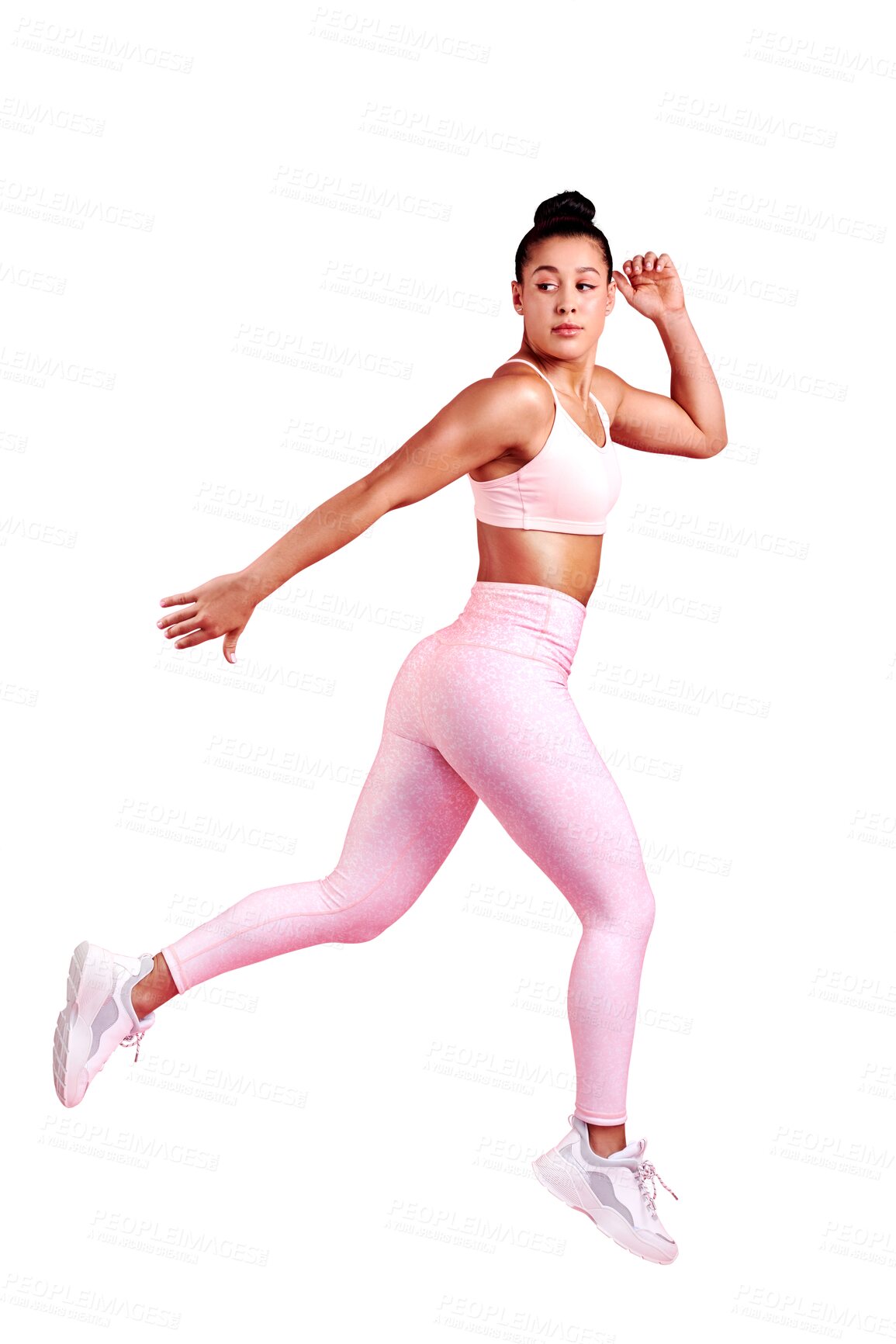 Buy stock photo Sports, running and fitness with woman and jump on png for workout, health and cardio challenge. Training, exercise and wellness with person isolated on transparent background for bodybuilder and gym