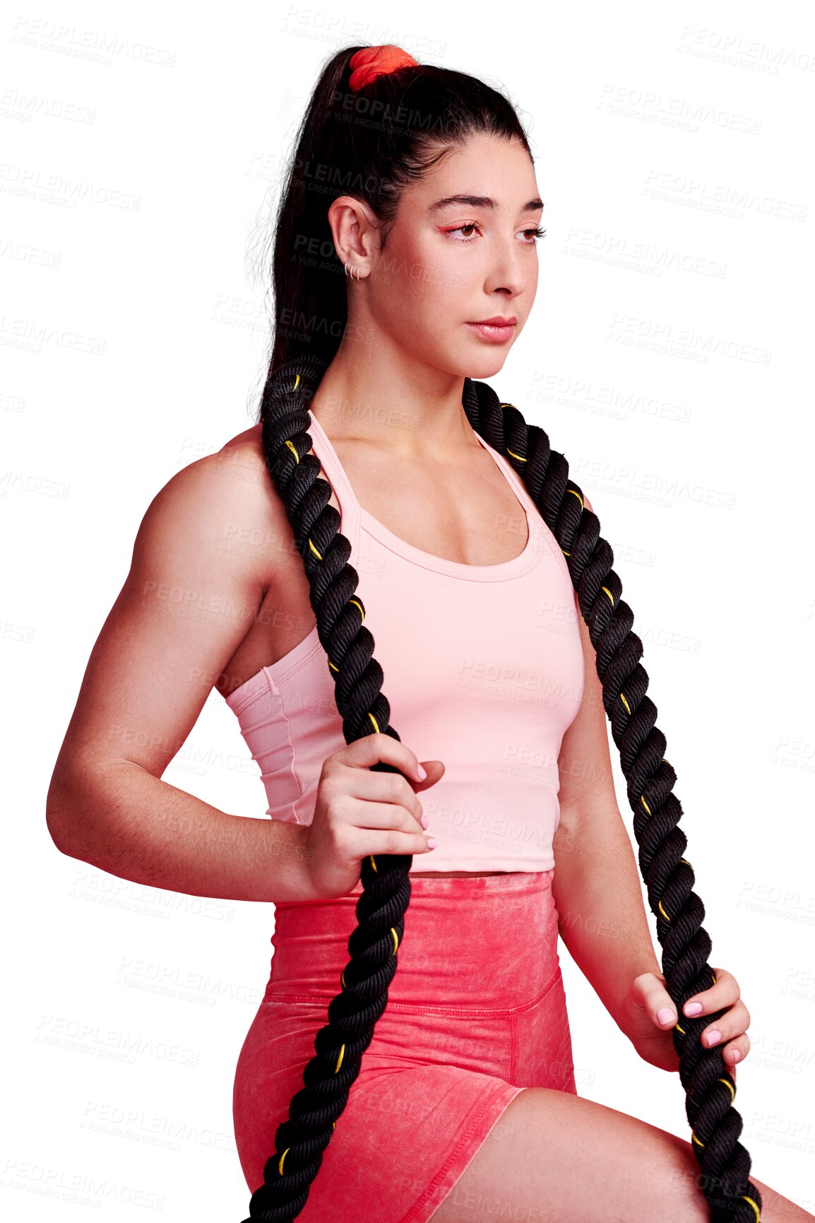 Buy stock photo Fitness, ready or woman with battle rope for workout or training isolated on transparent png background. Healthy athlete, thinking or serious sports person with equipment for cardiovascular wellness