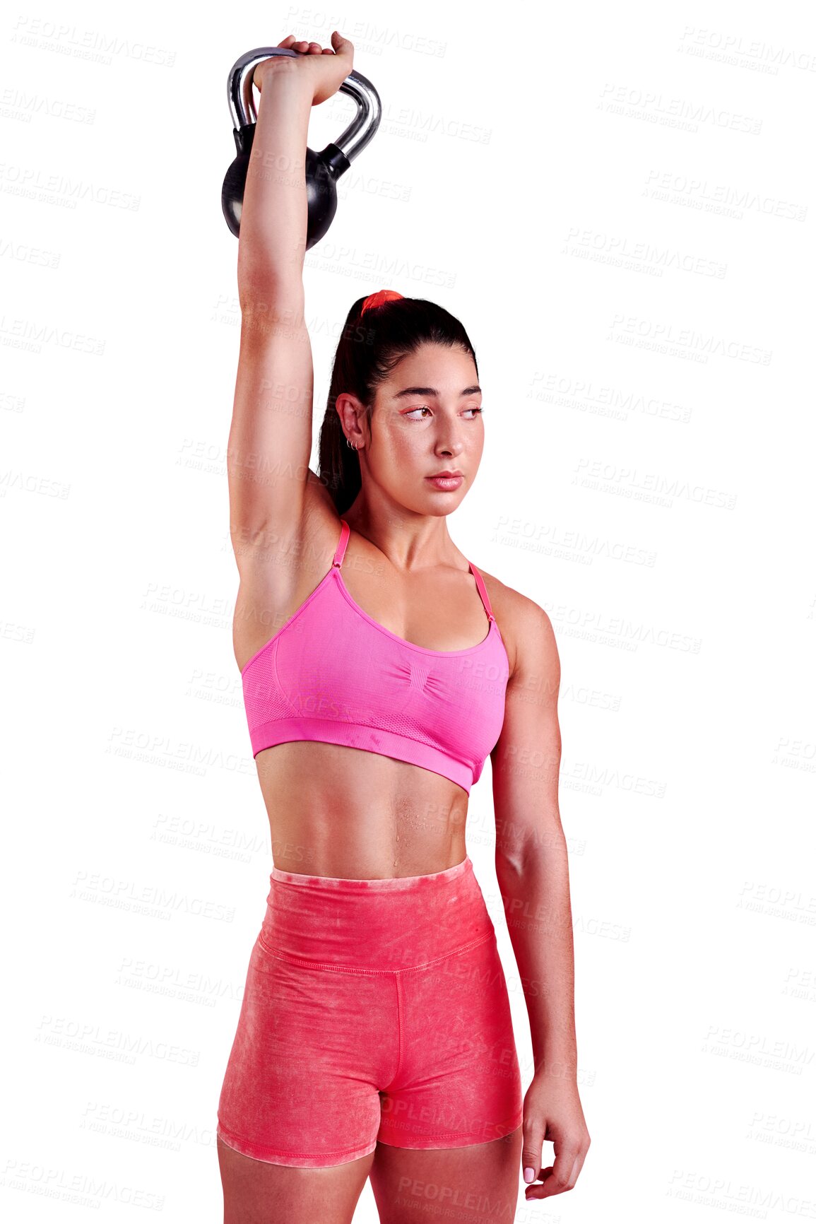 Buy stock photo Thinking, kettlebell and woman with fitness, exercise and athlete isolated on a transparent background. Healthy person, body and girl with equipment, training and png with wellness, sports and muscle