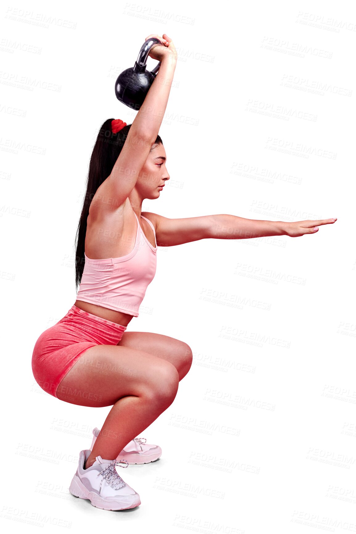 Buy stock photo Fitness, kettlebell squat or person with balance in workout or exercise isolated on transparent png background. Body builder, healthy or strong woman athlete training with power lifting heavy weights