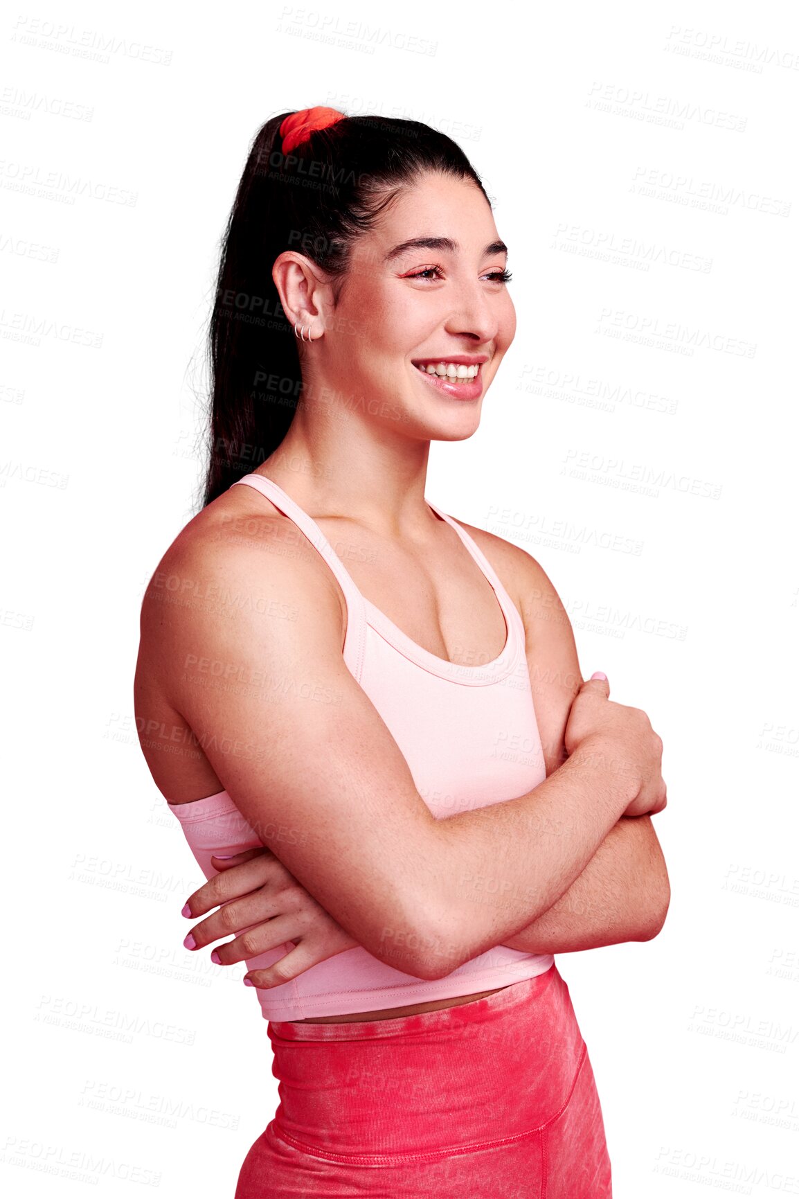 Buy stock photo Fitness, laughing or happy woman ready for training exercise isolated on transparent png background. Healthy athlete, smile or funny sports girl with confidence for bodybuilding workout or wellness