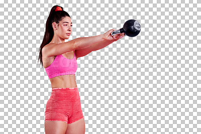 Buy stock photo Fitness, woman and kettlebell swing for power, muscles and isolated on a transparent png background. Sports, exercise and strong female athlete lifting weights with focus, training and workout action