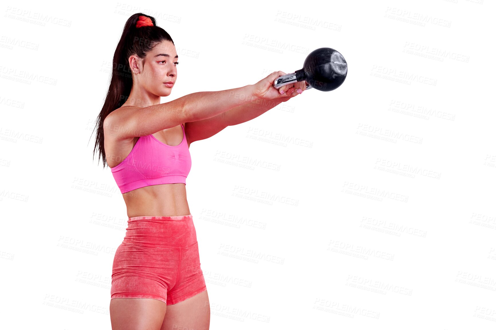 Buy stock photo Fitness, woman and kettlebell swing for power, muscles and isolated on a transparent png background. Sports, exercise and strong female athlete lifting weights with focus, training and workout action