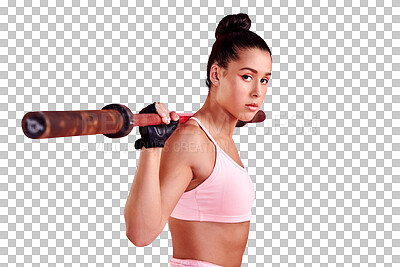 Buy stock photo Woman, barbell and portrait of fitness, focus and sports training isolated on a transparent png background. Serious female athlete, workout and heavy weights for challenge, strong muscle and exercise