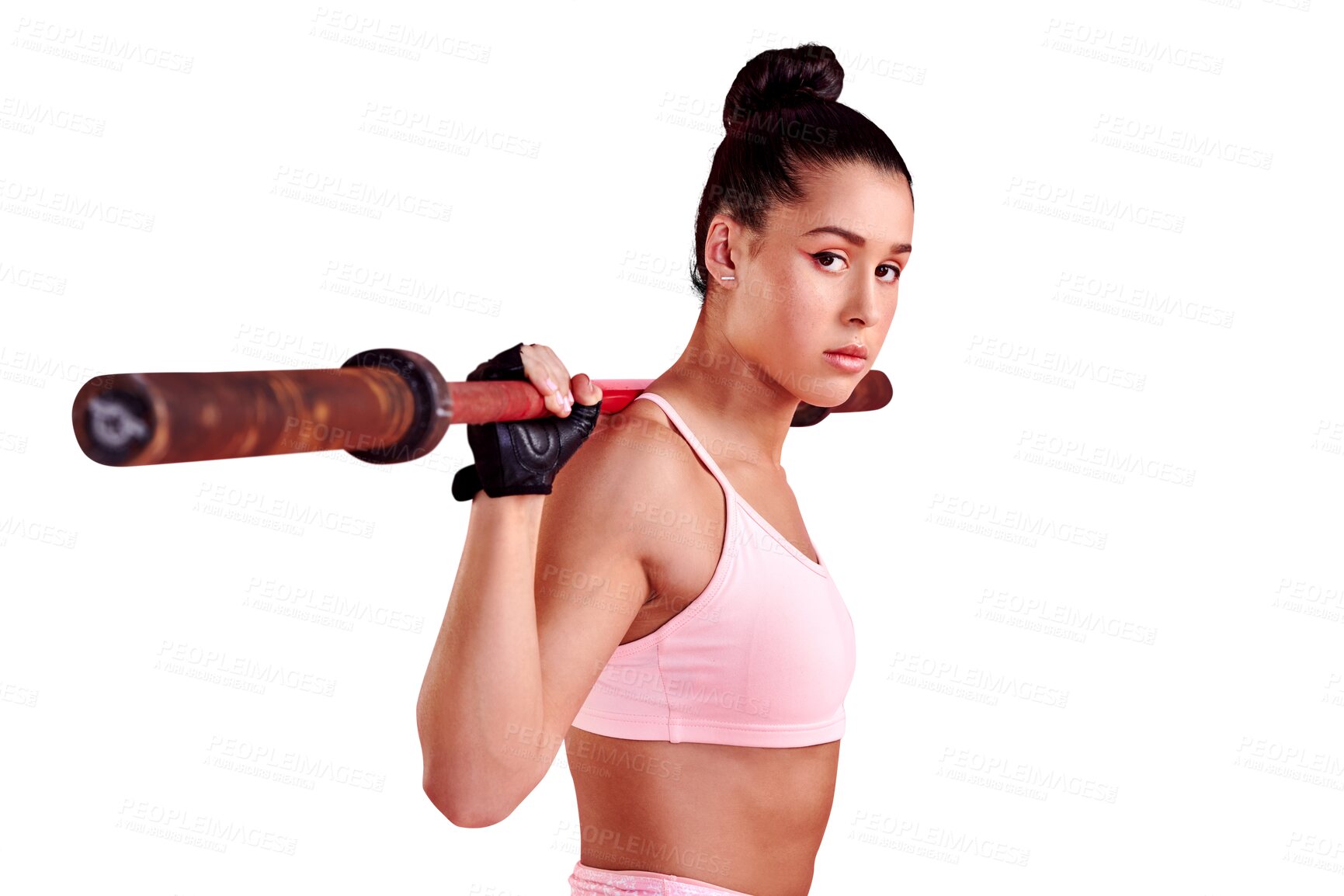 Buy stock photo Woman, barbell and portrait of fitness, focus and sports training isolated on a transparent png background. Serious female athlete, workout and heavy weights for challenge, strong muscle and exercise