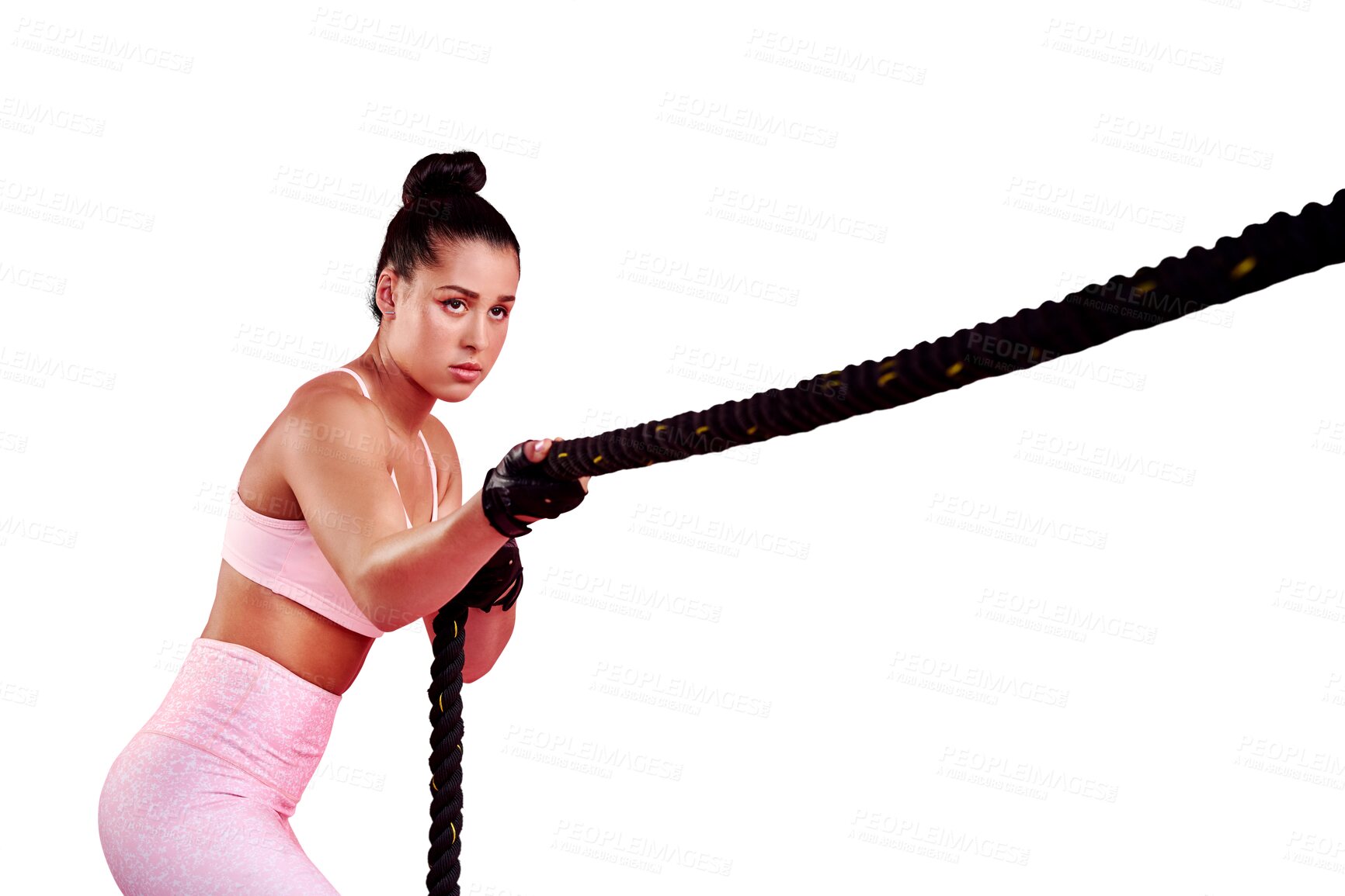 Buy stock photo Woman pull battle rope for sports, exercise and serious while isolated on a transparent png background. Strong female athlete, workout and training with weights of ropes for fitness, muscle and power