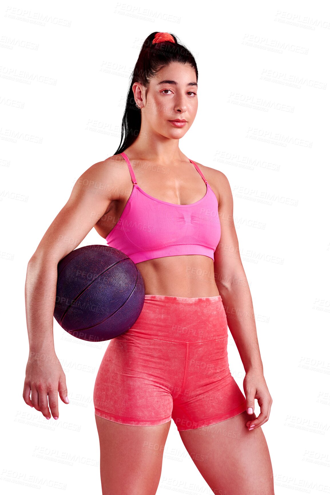 Buy stock photo Fitness, portrait or woman with medicine ball for workout, training or exercise for muscle growth. Ready, start or strong healthy girl bodybuilder with weight isolated on a transparent png background