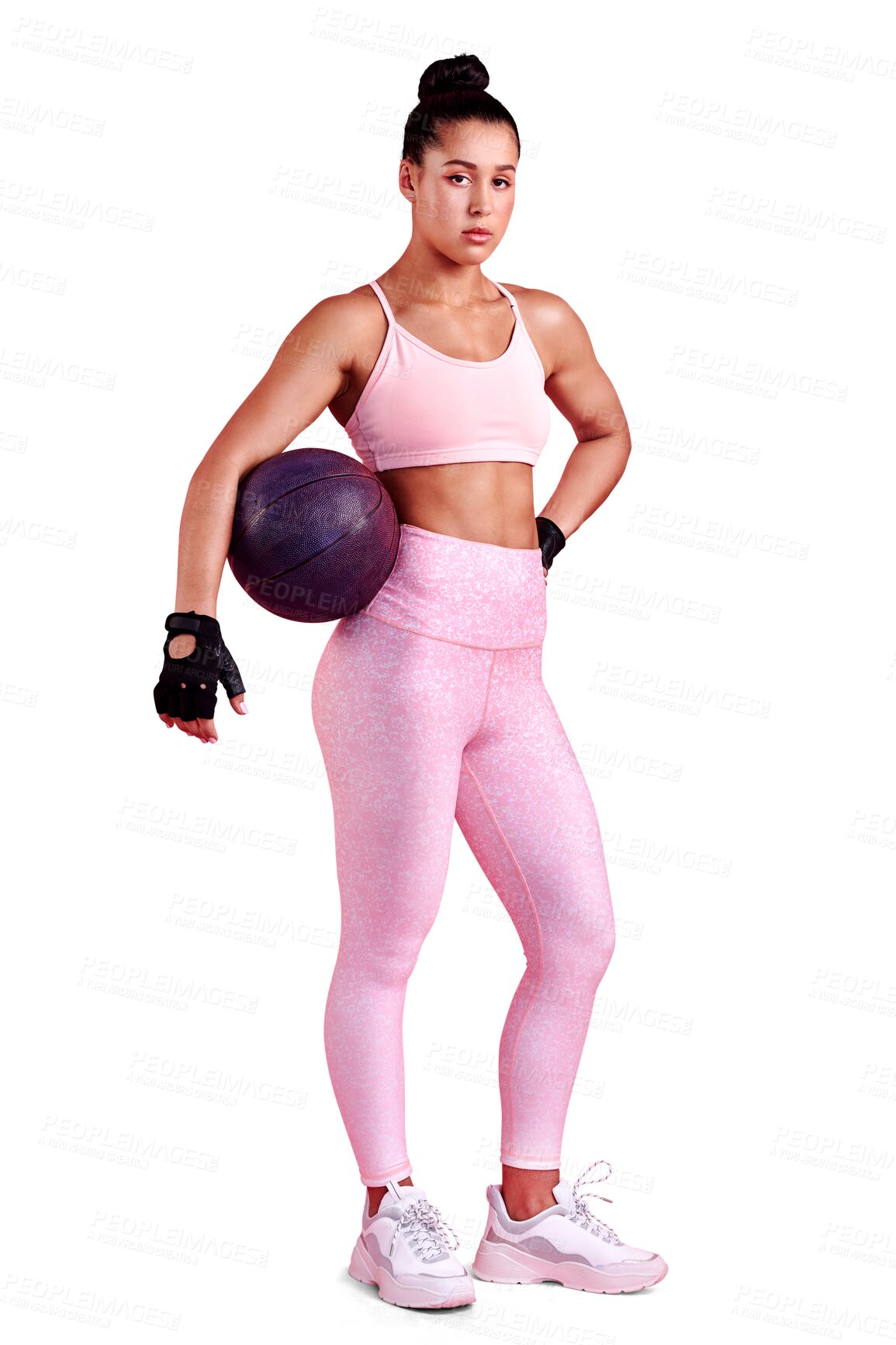 Buy stock photo Fitness, portrait or woman with medicine ball ready for workout, training or exercise for muscle growth. Strong, start or healthy girl bodybuilder with weight isolated on a transparent png background