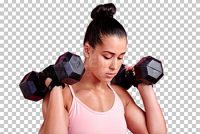 Buy stock photo Isolated woman, dumbbells and vision for fitness, thinking or strong muscle by transparent png background. Bodybuilder girl, idea or weightlifting in workout, exercise or training with focus for body