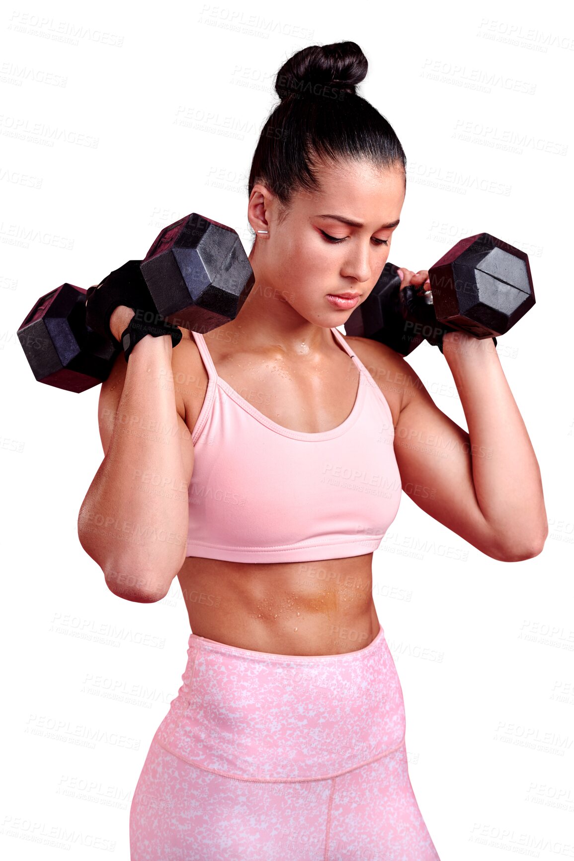 Buy stock photo Isolated woman, dumbbells and vision for workout, thinking or strong muscle by transparent png background. Bodybuilder girl, idea or weightlifting in fitness, exercise or training with focus for body