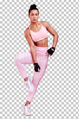 Buy stock photo Fitness portrait, full body or woman with balance in training, workout or exercise for wellness or gym. Confident athlete, sports or healthy girl bodybuilder isolated on a transparent png background 