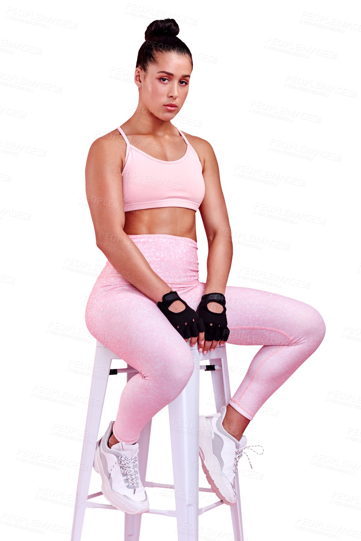 Buy stock photo Fitness, portrait or woman on chair on break in training, workout or exercise for wellness or gym. Tired athlete, sports or healthy girl body builder resting isolated on a transparent png background 