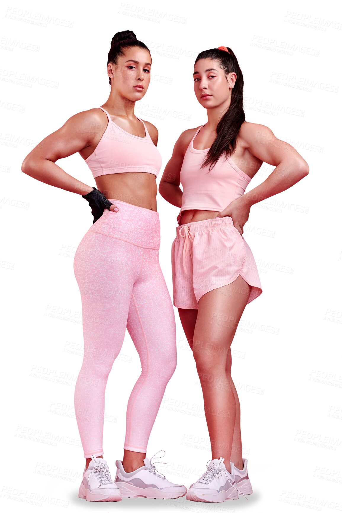 Buy stock photo Portrait, fitness and friends with sports women isolated on transparent background for health or wellness. Exercise, pink and workout with serious female athletes standing together on PNG in training