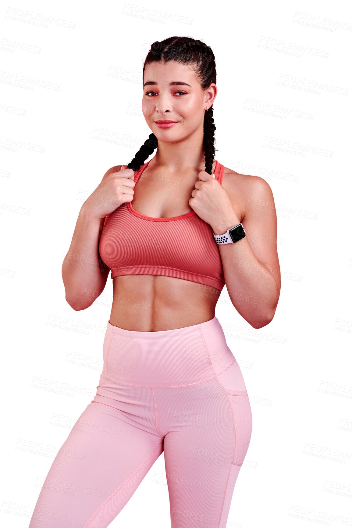 Buy stock photo Portrait, fitness and woman with exercise, sports and confident girl isolated against a transparent background. Female person, healthy model or athlete with aesthetic, png and training with self care