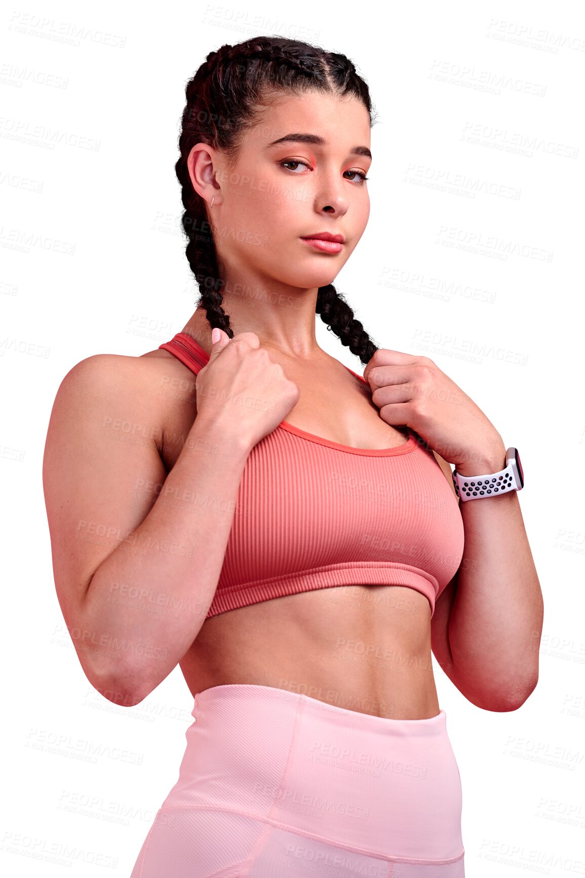 Buy stock photo Woman, fitness and athlete training, portrait and serious about sports isolated on transparent png background. Female person, body and health with muscle, workout in gym for cardio and sportswear