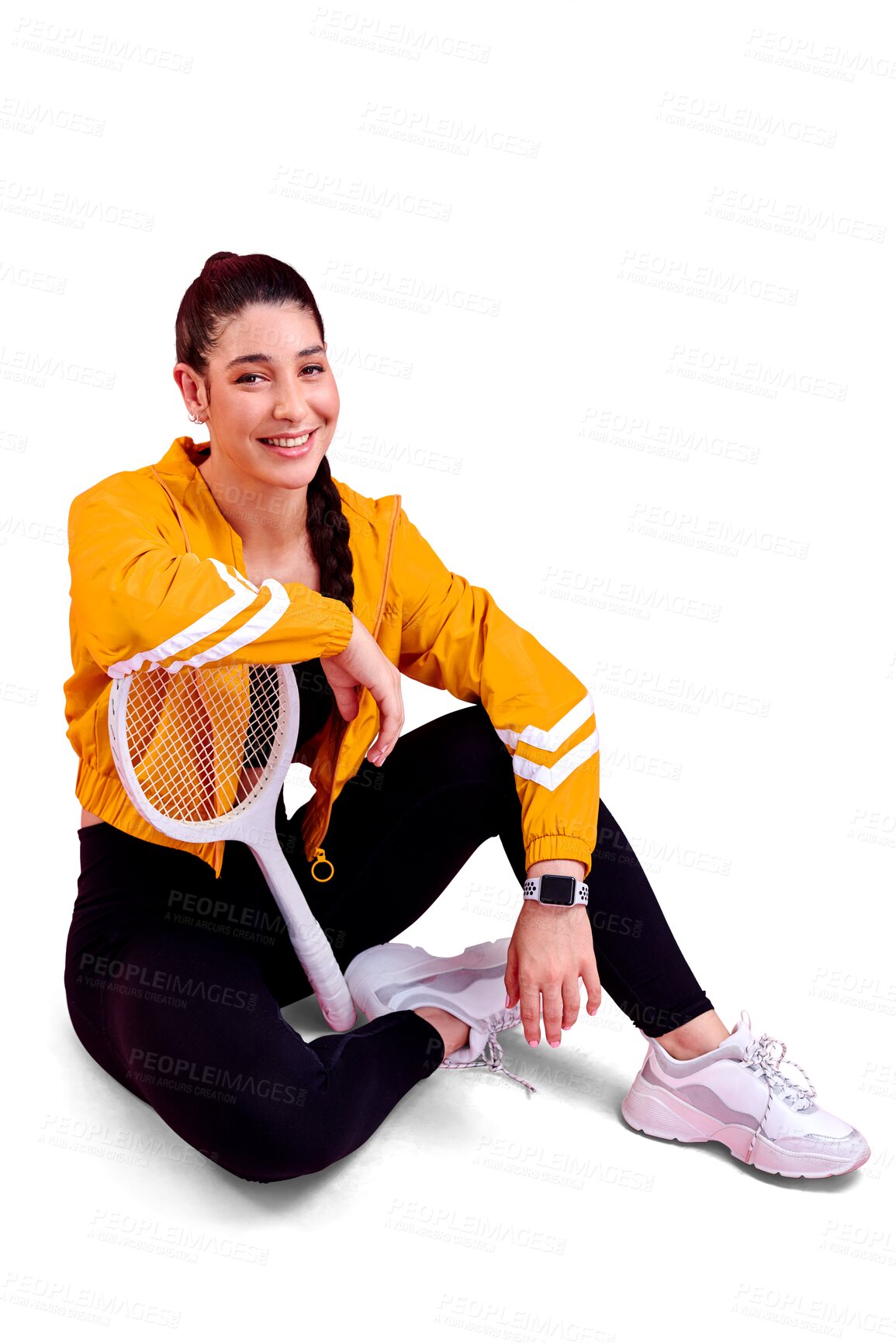 Buy stock photo Tennis player, relax or portrait of happy woman on break in fitness training, wellness exercise or workout. Fashion, smile or healthy sports athlete with racket isolated on transparent png background