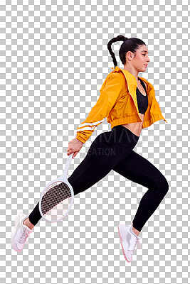 Buy stock photo Jumping, fitness and tennis with a sports woman isolated on a transparent background for health or training. Exercise, racket and leap with a young female athlete or player on PNG for a workout