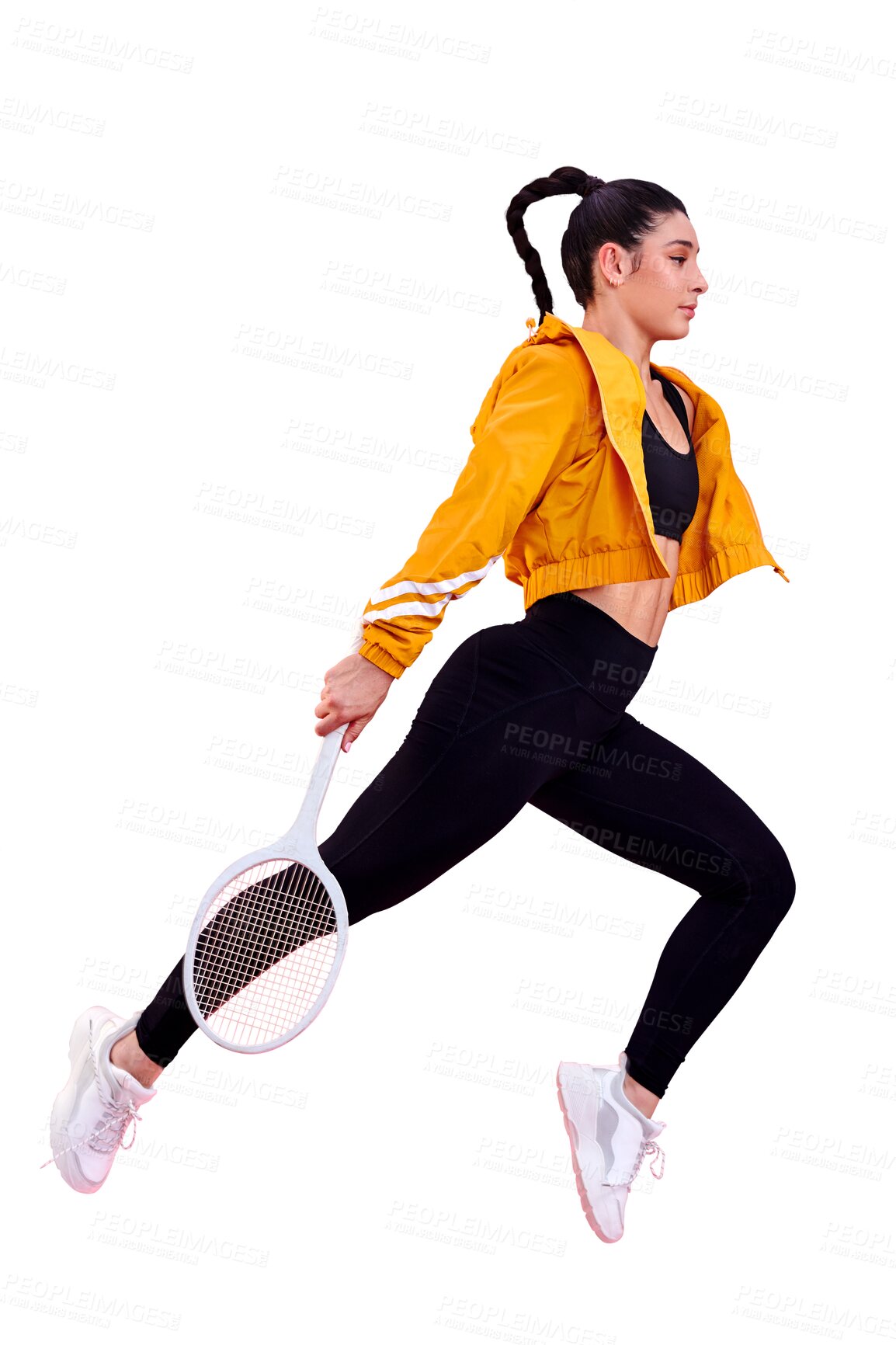 Buy stock photo Jumping, fitness and tennis with a sports woman isolated on a transparent background for health or training. Exercise, racket and leap with a young female athlete or player on PNG for a workout