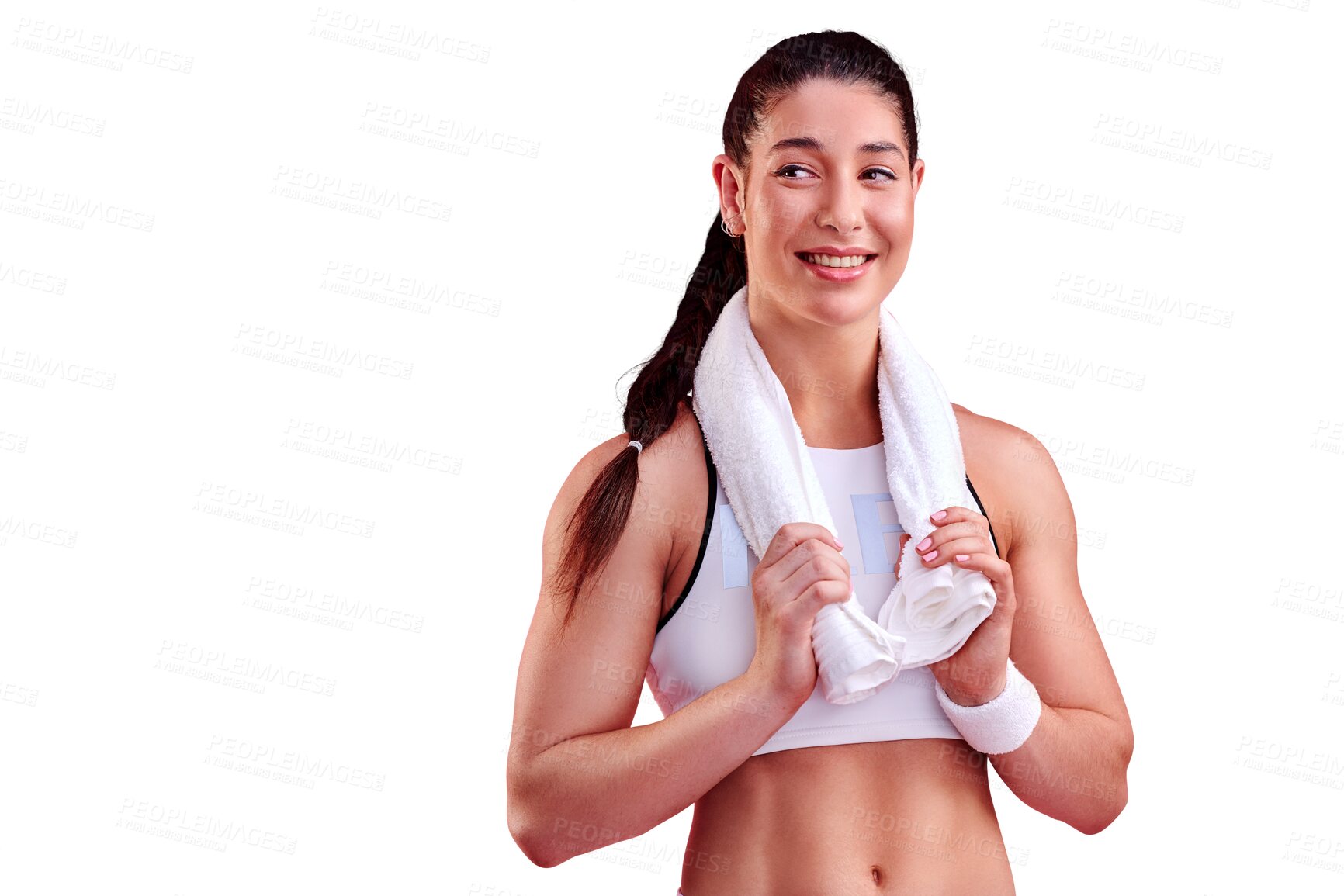 Buy stock photo Woman, ready and towel for workout, fitness and exercise on isolated, transparent and png background. Finish and sweating athlete thinking in gym sports for body health, wellness or muscle training