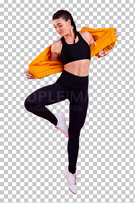 Buy stock photo Workout, fitness and woman jump isolated on a transparent png background. Exercise, leap and athlete take off jacket in sports, training or healthy body for wellness with energy, performance or power