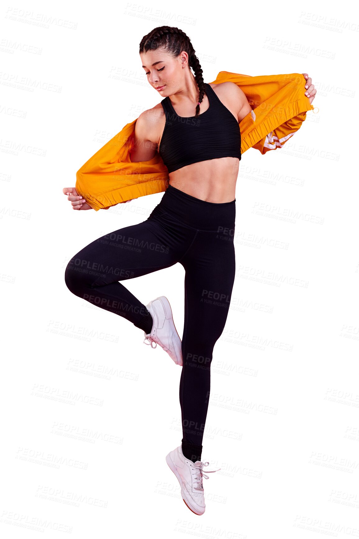 Buy stock photo Workout, fitness and woman jump isolated on a transparent png background. Exercise, leap and athlete take off jacket in sports, training or healthy body for wellness with energy, performance or power