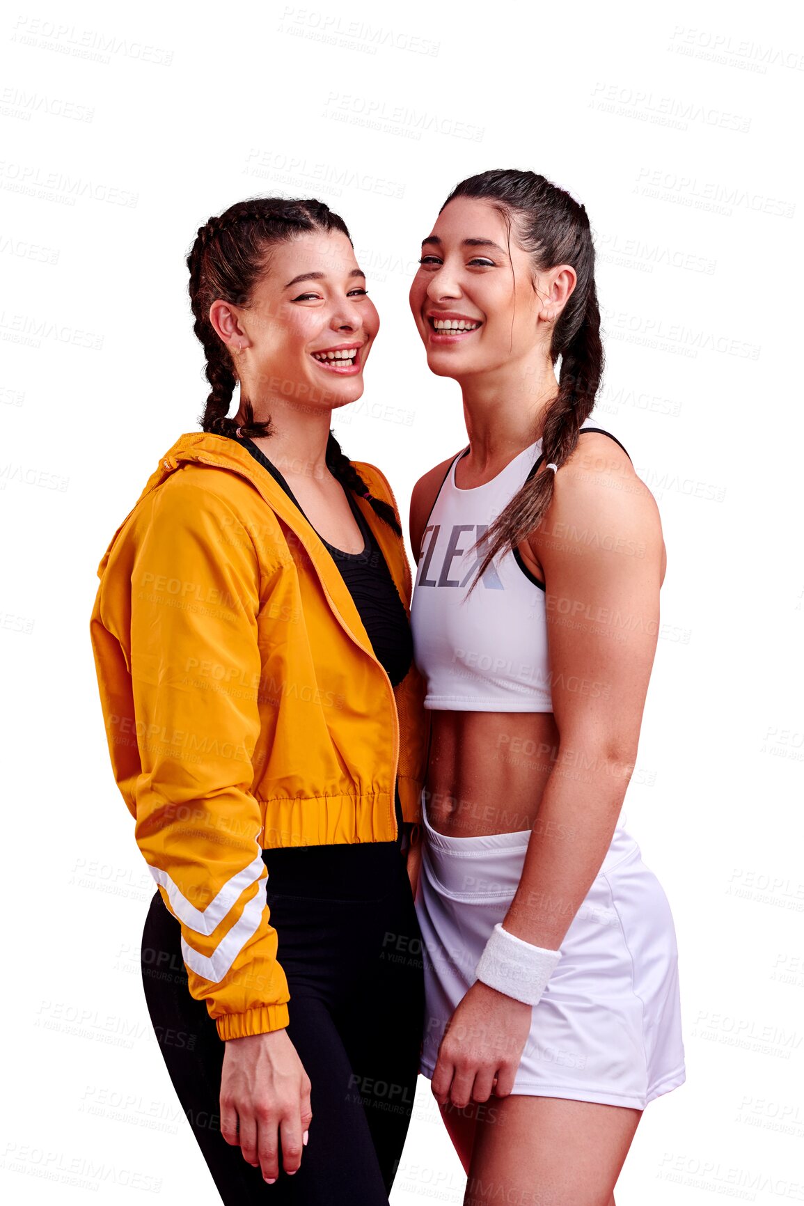 Buy stock photo Portrait, friends and exercise with sports women isolated on a transparent background for health or wellness. Fitness, workout and smile with happy young female athletes on PNG for a workout together